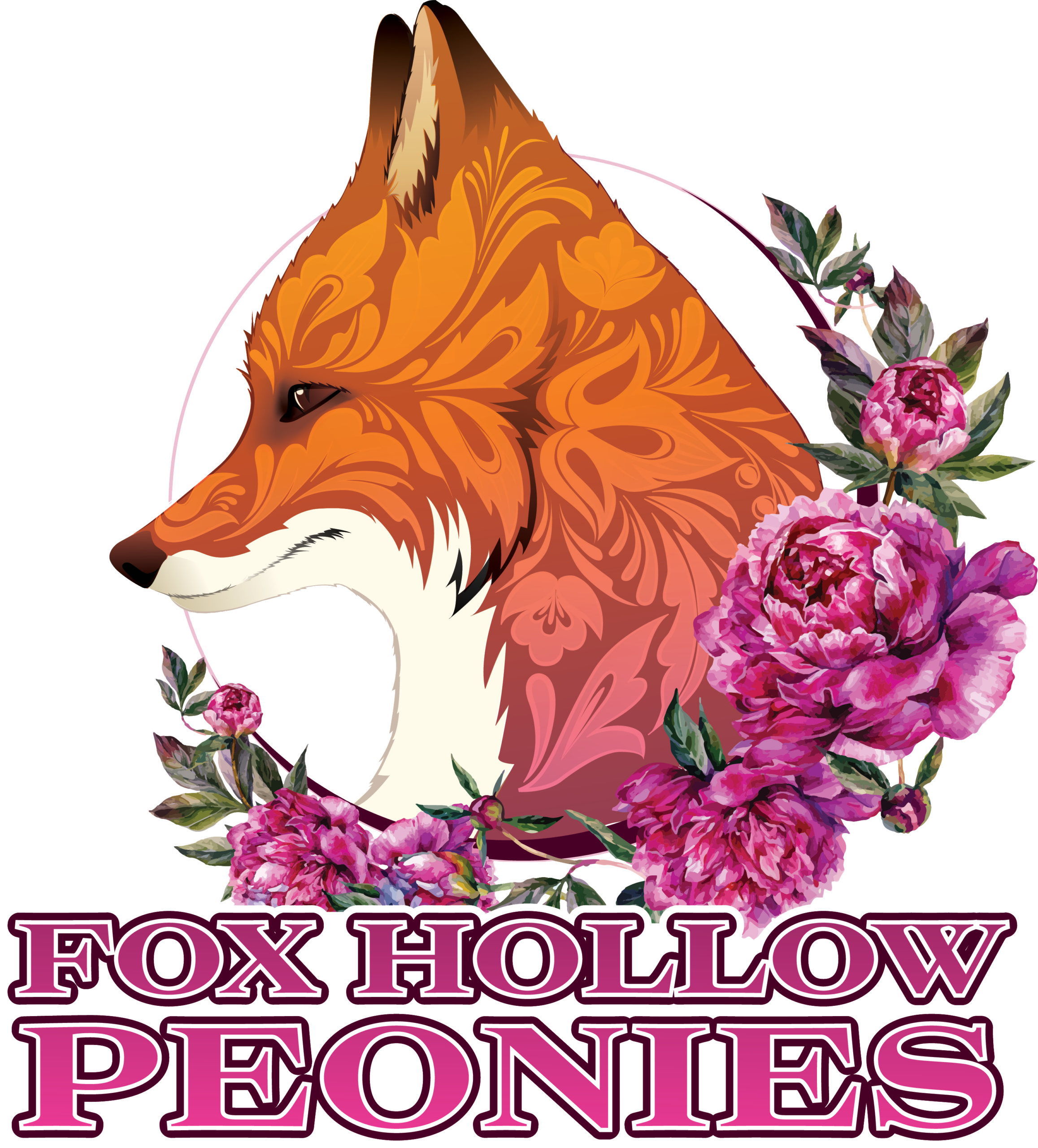 Fox Hollow Peonies - Logo Illustration of a stylized fox head adorned with floral patterns, surrounded by peonies and greenery, with the text "Fox Hollow Peonies" prominently displayed below. This design captures the essence of a floral business focusing on peonies.